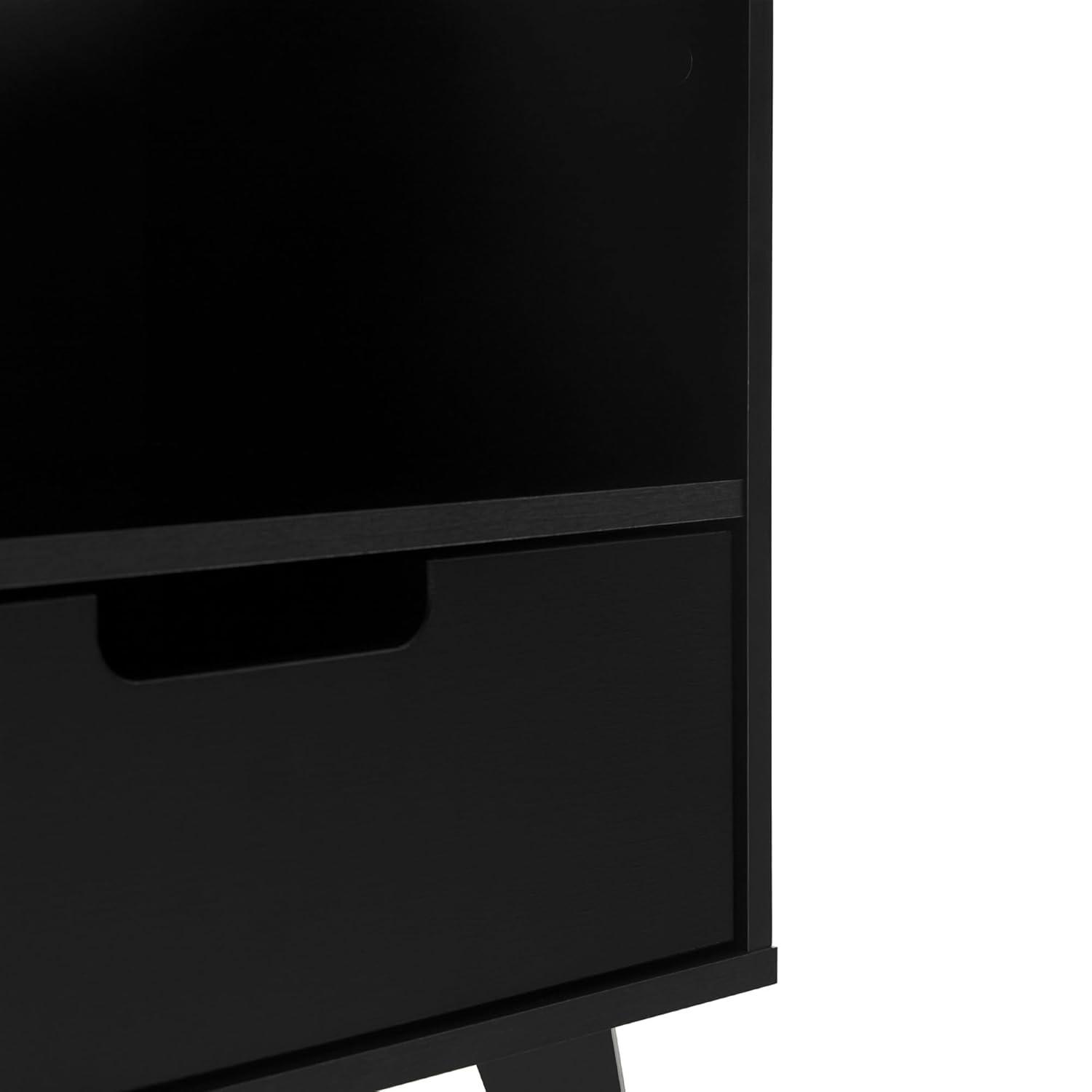 Black Mid-Century Modern 1-Drawer Nightstand with Open Cubby
