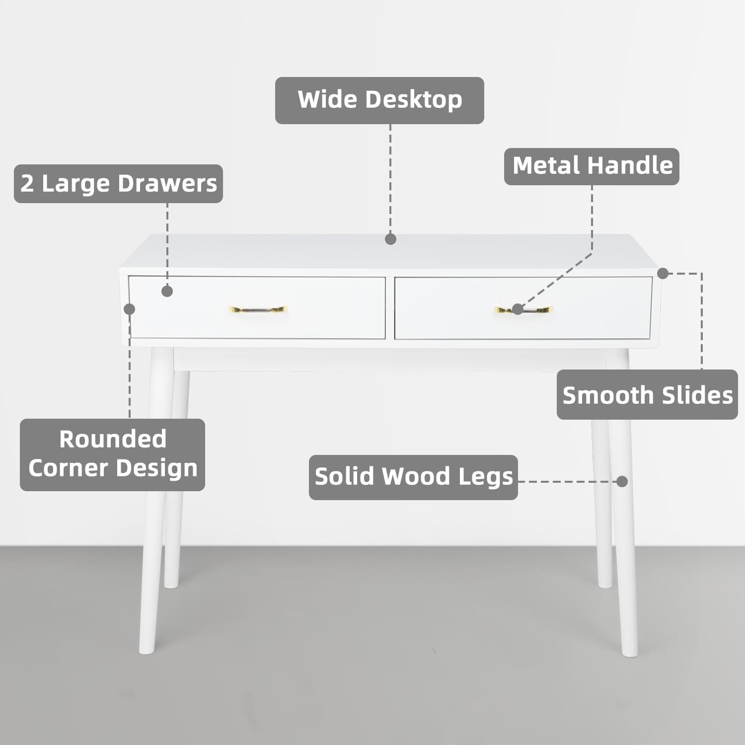 Small White Desk with 2 Drawers, Modern Writing Desk for Small Spaces, Home Office Desk for Study, Laptop Computer Desk for Work, Makeup Vanity Table for Bedroom (White)