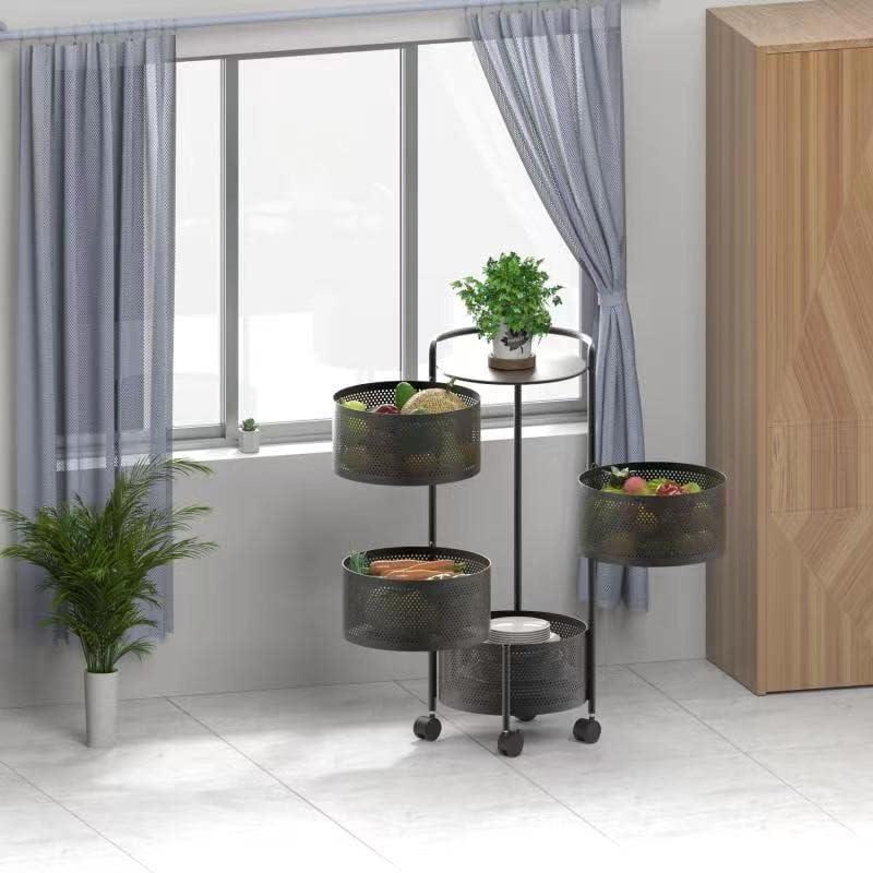 Rotating Kitchen Storage Rack No Assembly, 4-Tier Metal Storage Tower Basket Shelves Organizer on Rolling Wheels with Removal Drawers for Fruit Vegetable Grocery Corns Potato Onion (4-Tier, Black)