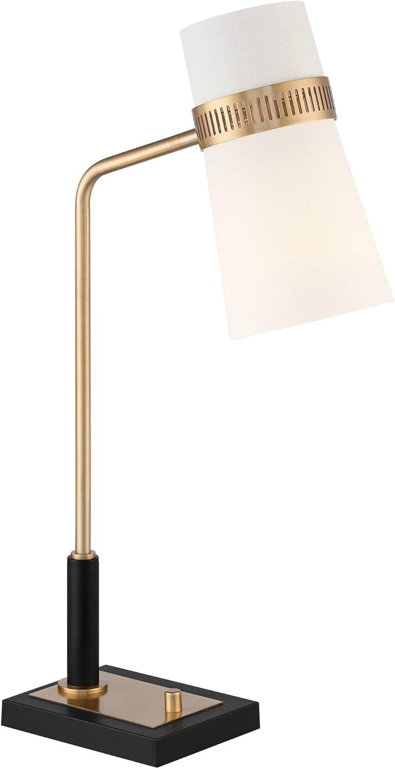 Possini Euro Design Cartwright Modern Mid Century Desk Lamp 32" Tall Antique Brass Black with USB Charging Port Linen Shade for Bedroom Living Room