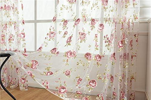 Rod Pocket Top Rose Floral Sheer Voile Curtain, Pink Flower Tulle Transparent Window Treatment for Living Room Bedroom Glass Door, 54 by 84 Inch Each,1 Set of 2 Panels …