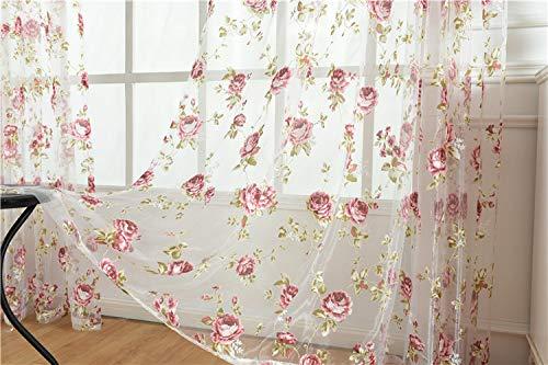 Rod Pocket Top Rose Floral Sheer Voile Curtain, Pink Flower Tulle Transparent Window Treatment for Living Room Bedroom Glass Door, 54 by 84 Inch Each,1 Set of 2 Panels …