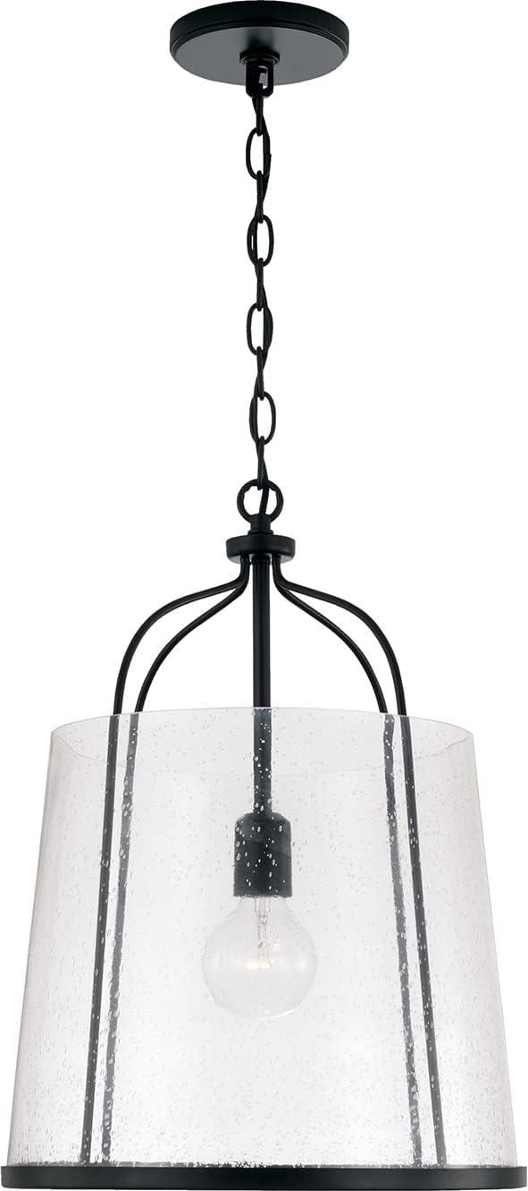 Madison Matte Black Brass Drum Pendant with Seeded Glass