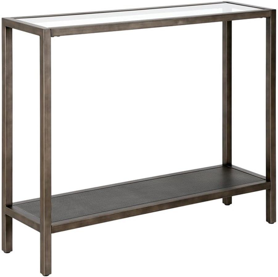 36" Aged Steel and Glass Industrial Hallway Table with Mesh Shelf