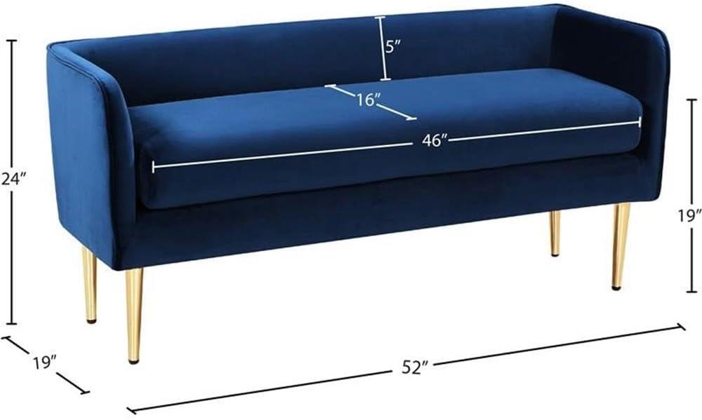 Audrey Navy Velvet Upholstered Bench with Gold Metal Legs, 52" W