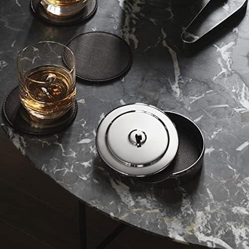 Art Deco Leather and Stainless Steel Coaster Set with Holder