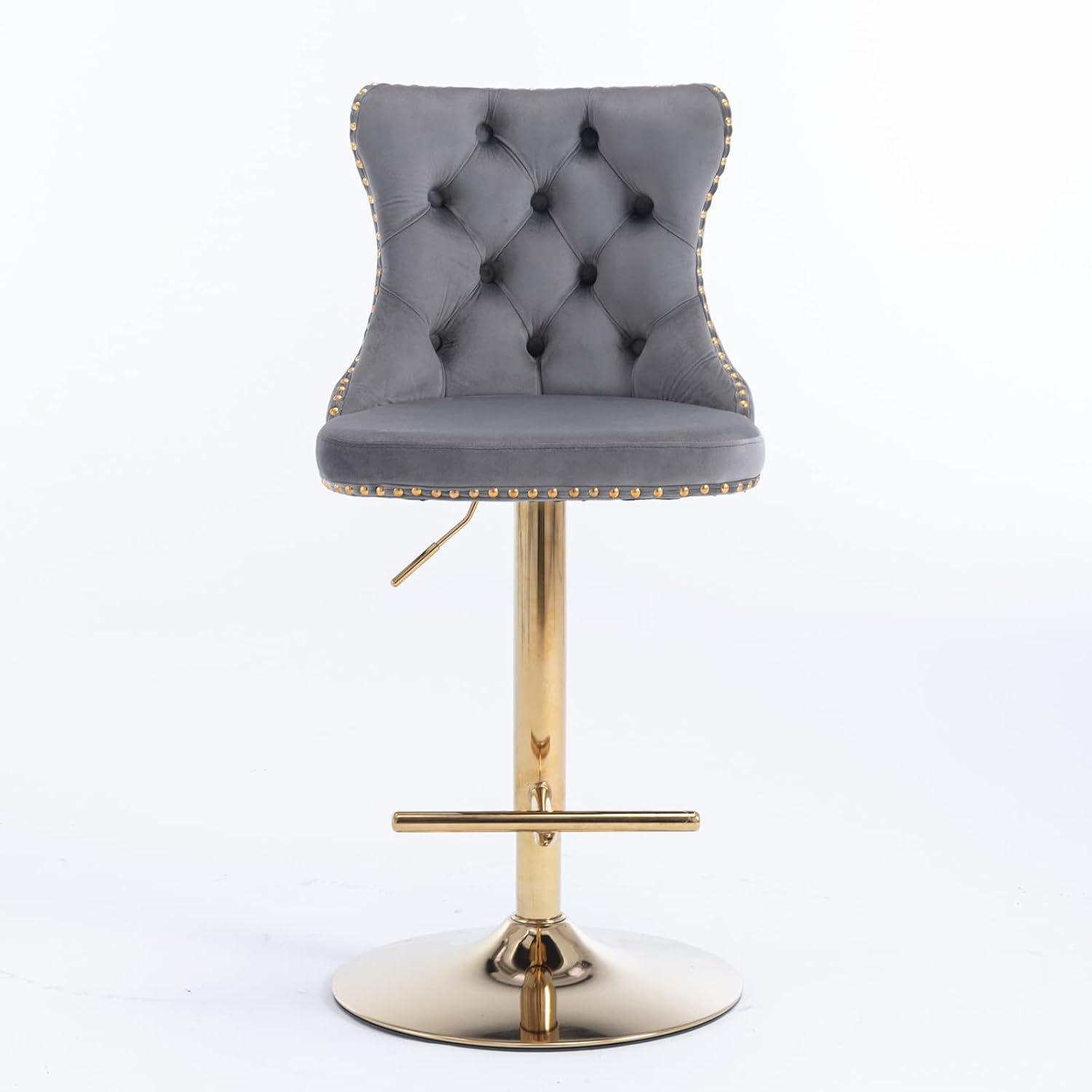 Gray Velvet Adjustable Swivel Bar Stools with Gold Metal Base