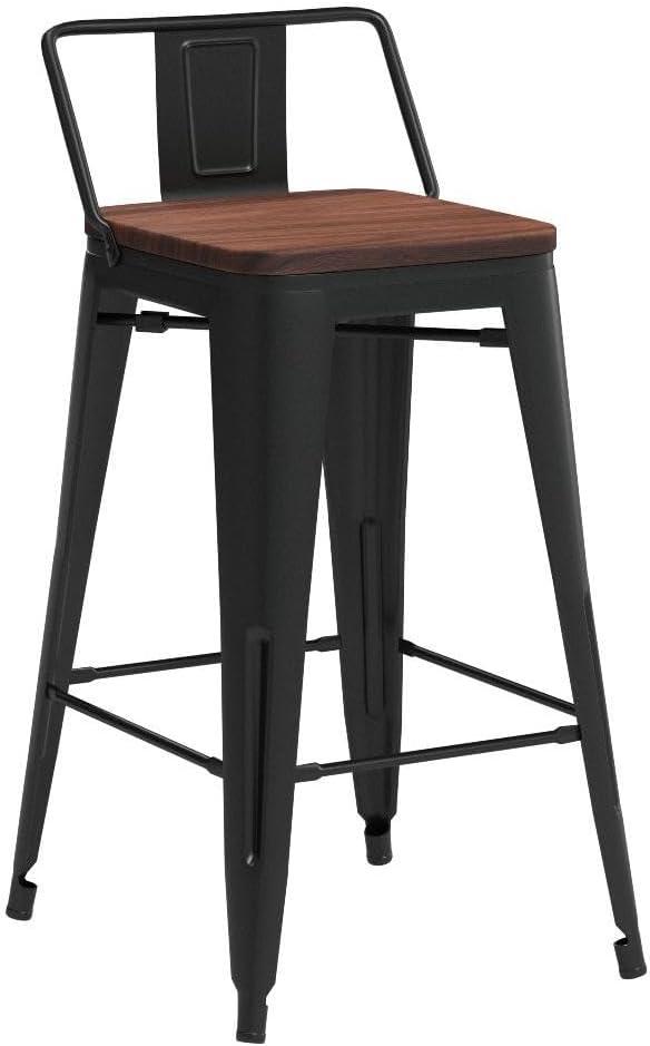 Bar Stools Set of 4 Metal Bar Stool Counter Height Bar Stools 26" Black Modern Bar Chairs with Back and Wooden Seat Bar Stools Counter Height