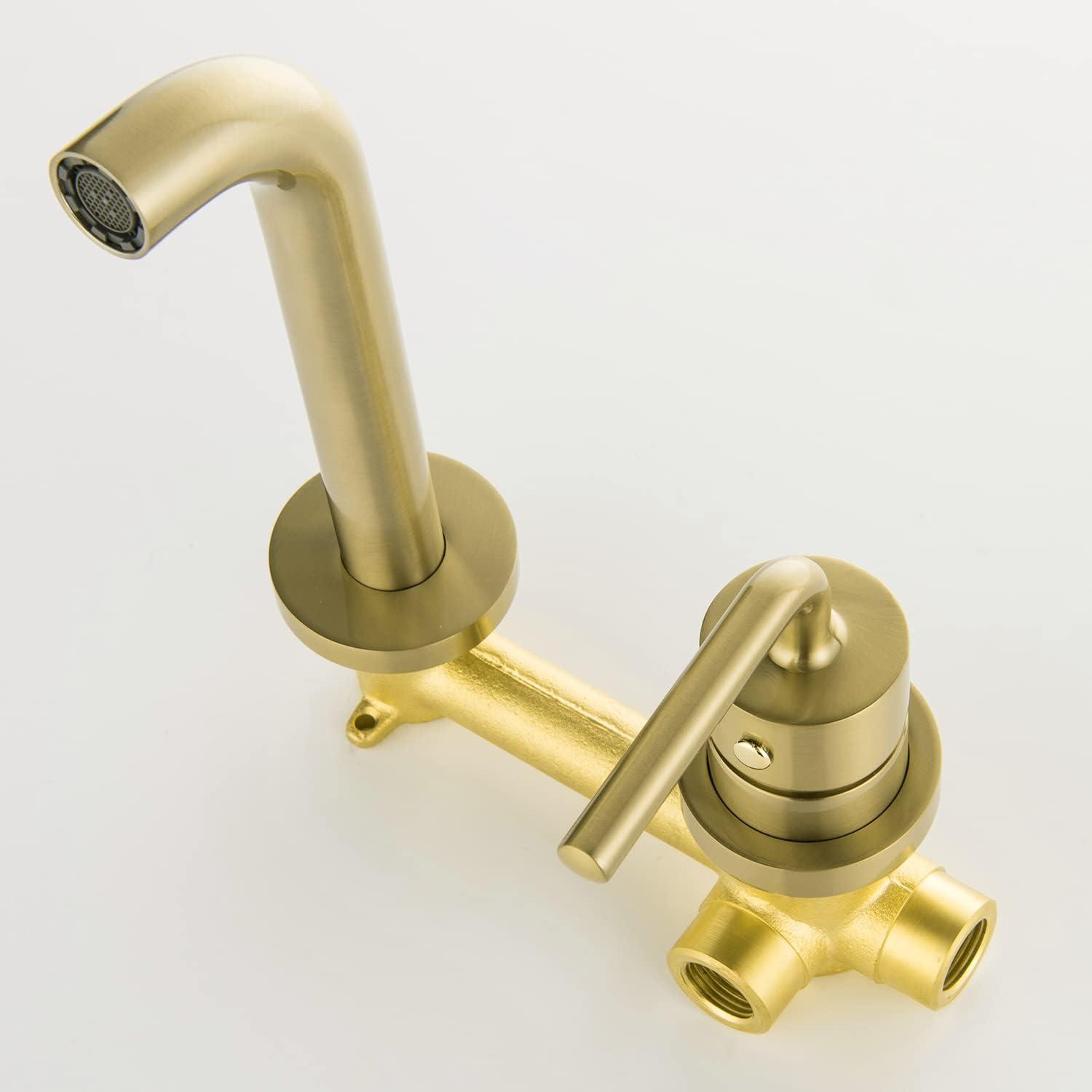 Brushed Gold Wall Mount Brass Bathroom Faucet with Single Handle