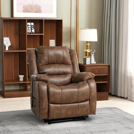 Saddle Brown Faux Leather Power Lift Recliner with Metal Frame