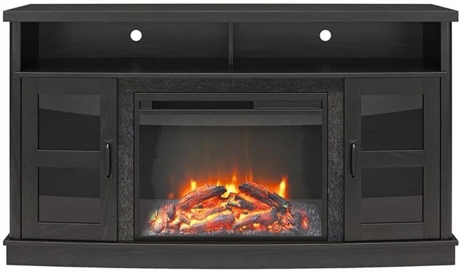 Barrow Creek Black Oak Fireplace TV Console with Glass Doors