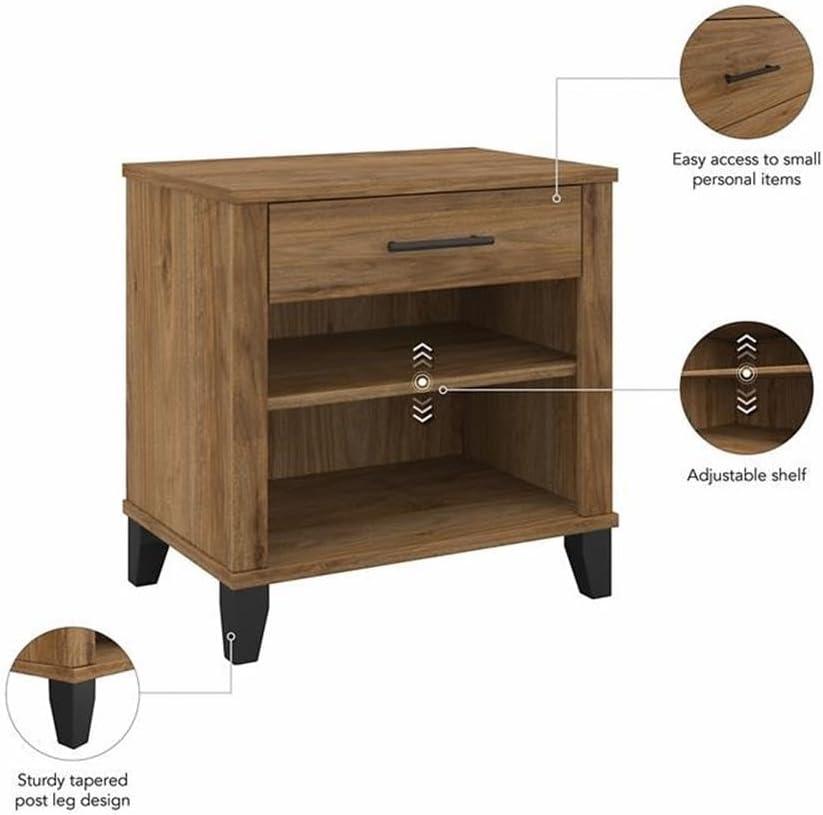 Somerset Nightstand with Drawer and Shelves in Fresh Walnut - Engineered Wood