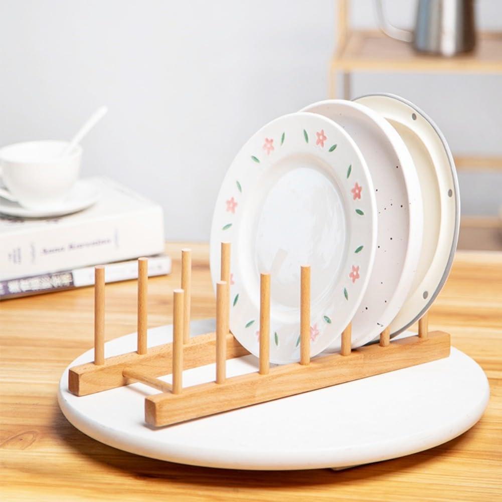 2Pcs Bamboo Dish Drying Rack, Plate Drainer Rack Storage Lid Holder, Stand Kitchen Cabinet Organizer for Dish, Plate, Bowl, Cup, Pot Lid, Book