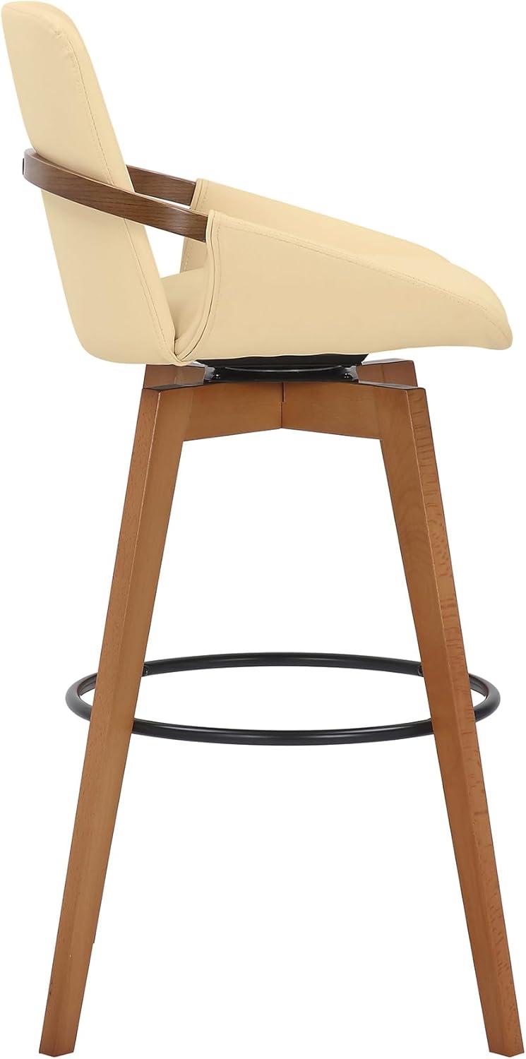 Cream Faux Leather and Walnut Wood Swivel Bar Stool