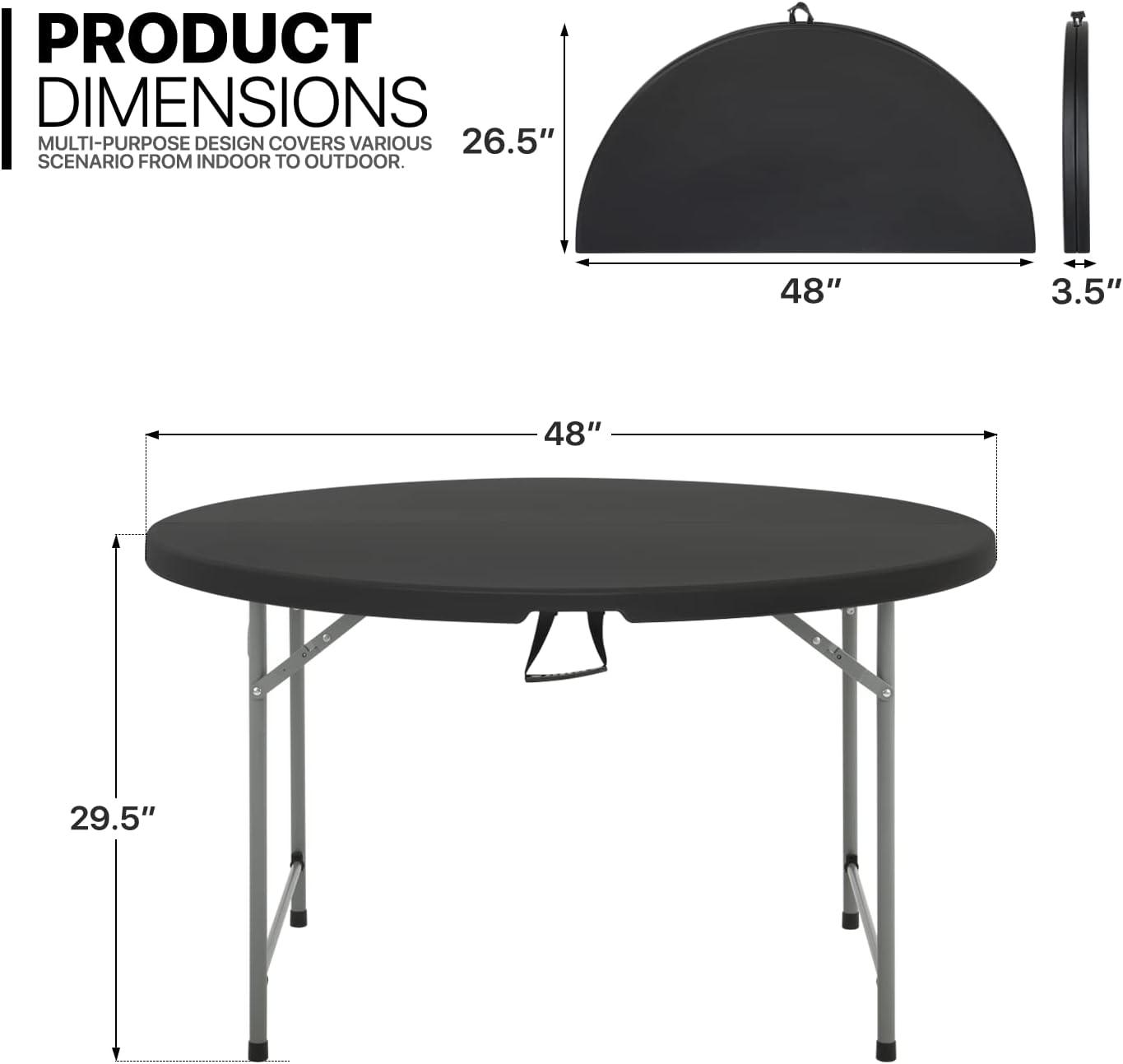 MoNiBloom Round Folding Table, 4ft Portable Plastic Table, Foldable Party Banquet Table for Camping Dining Outdoor Picnic, Black