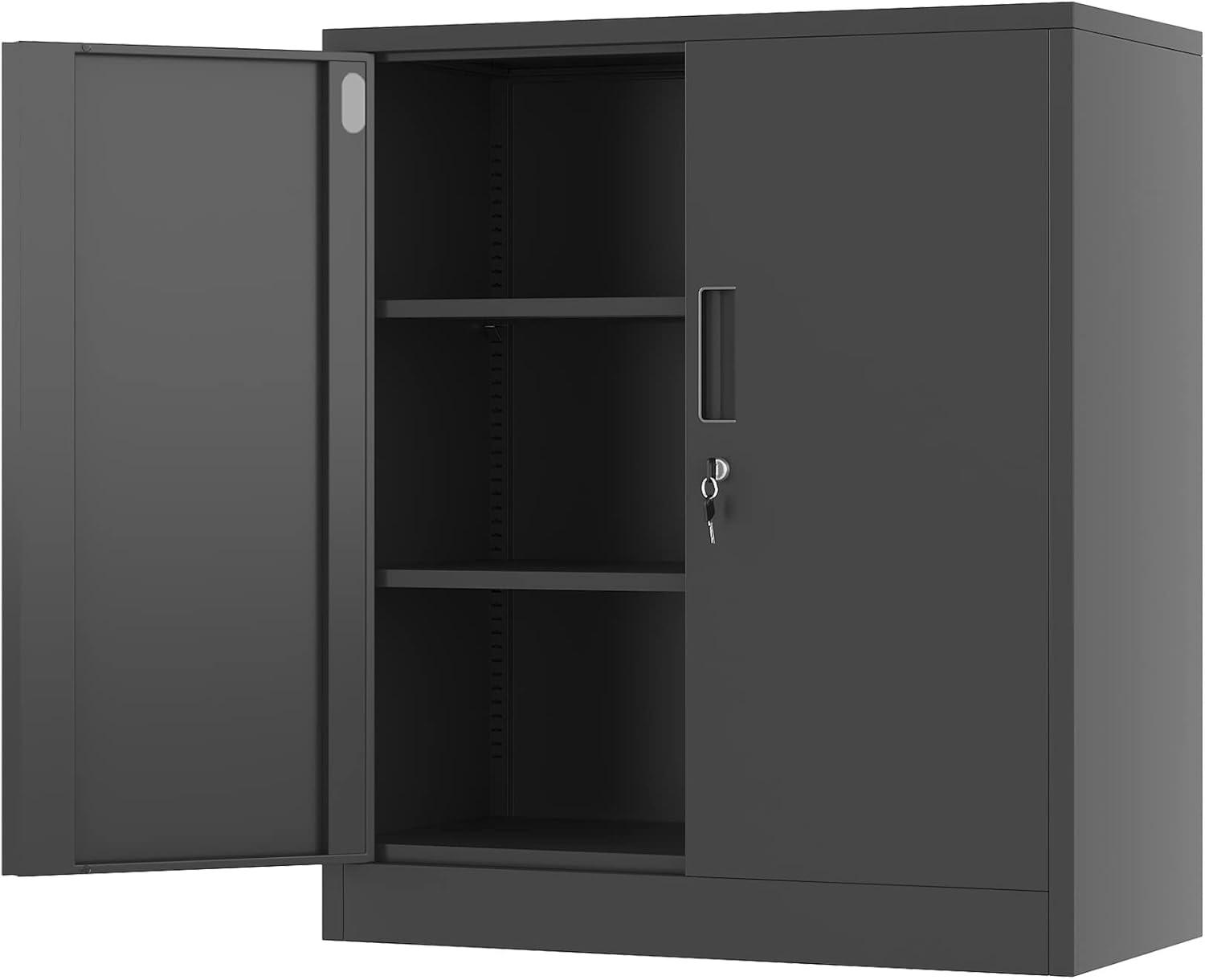 Metal Storage Cabinets with Shelves and Doors, Steel Locking Storage Cabinet for Home Office, Garage, Utility Room and Basement, 36.2" H x 31.5" W x 15.7" D (Black)