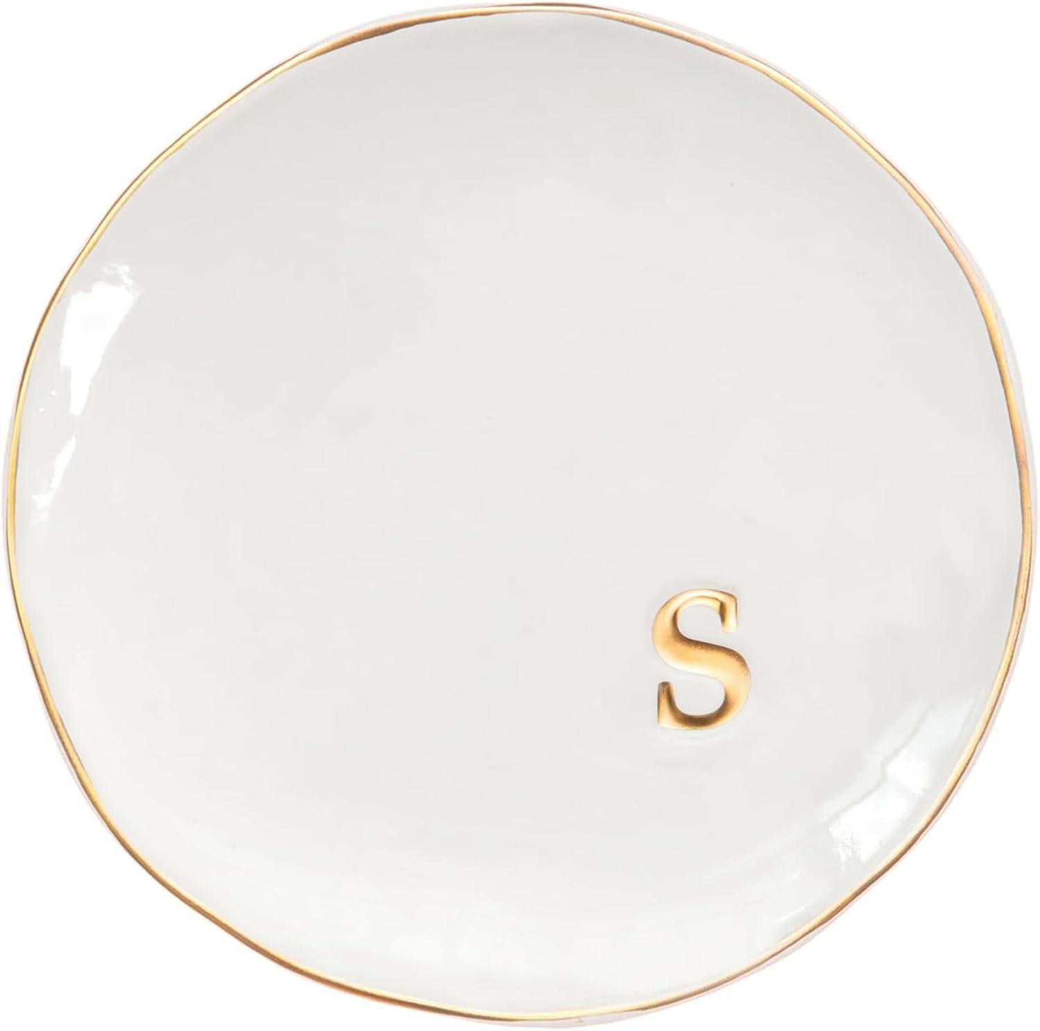 White Ceramic Jewelry Dish with Gold Monogram Accent