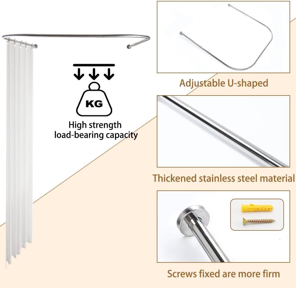 Hershii Adjustable Curved Shower Curtain Rod Wall Mounted U-Shaped Bathroom Corner Curtain Hanger Pole Bath Metal Shower Rail Bar (35.43-51.18) x 43.3 x(35.43-51.18) Inch, Drilling to Install