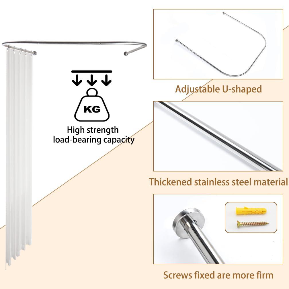 Hershii Adjustable Curved Shower Curtain Rod Wall Mounted U-Shaped Bathroom Corner Curtain Hanger Pole Bath Metal Shower Rail Bar (35.43-51.18) x 43.3 x(35.43-51.18) Inch, Drilling to Install