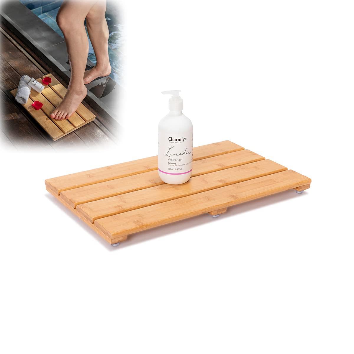 Bamboo Shower Bath Mat for Bathroom, Non-Slip Bamboo Wood Bathroom Mats for Inside or Outside (19.7 x 12.2 inches)