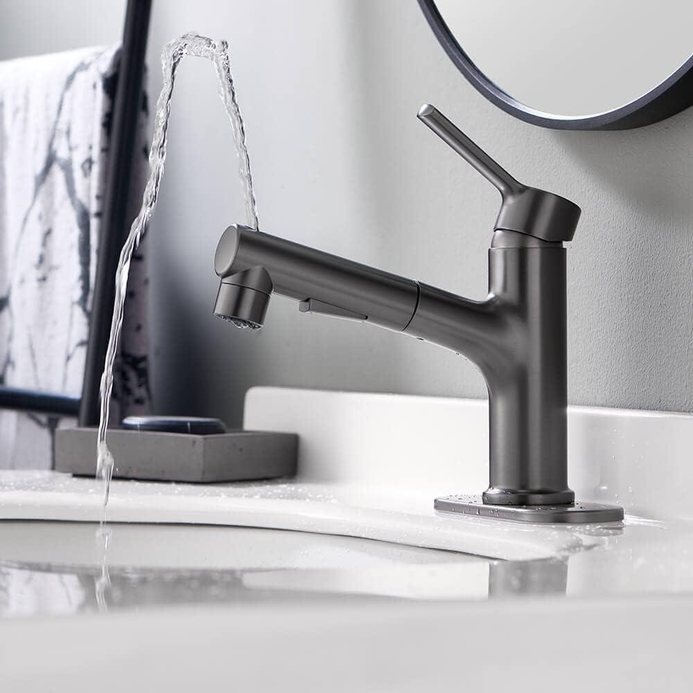 Bathroom Sink Faucet with Pull Out Sprayer Single Hole one Handle Basin Mixer Tap Pull Down Vessel Waterfall Rotating Spout Widespread Drain Assembly (Gun Grey, Regular)