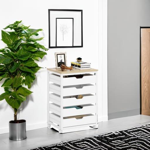 Tribesigns 5 Drawer Chest, Wood Storage Dresser Cabinet with Wheels, Industrial Storage Drawer Organizer Cart for Office Bedroom Entryway, White