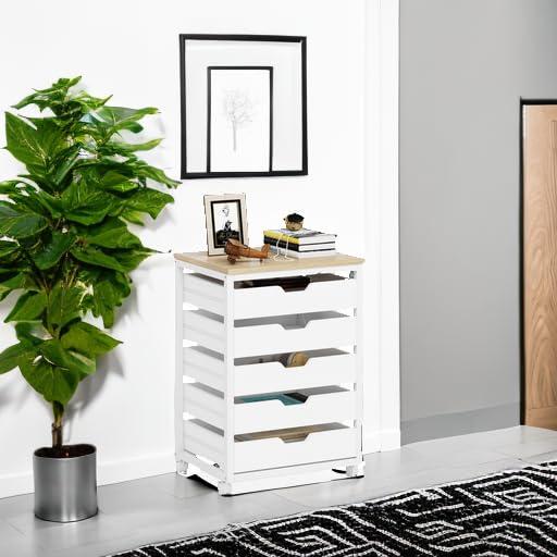 Tribesigns 5 Drawer Chest, Wood Storage Dresser Cabinet with Wheels, Industrial Storage Drawer Organizer Cart for Office Bedroom Entryway, White