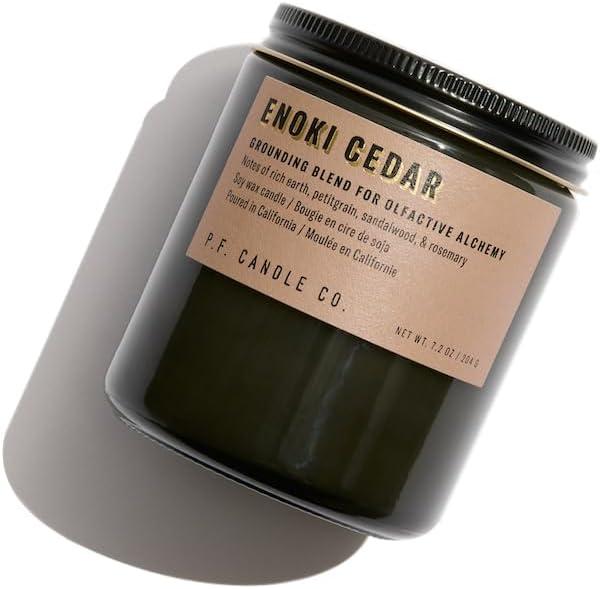 P.F. Candle Co. Alchemy Candle - Enoki Cedar (7.2 oz Soy Wax, 40-50 Hour Burn Time, Smoky Black Glass Jar)