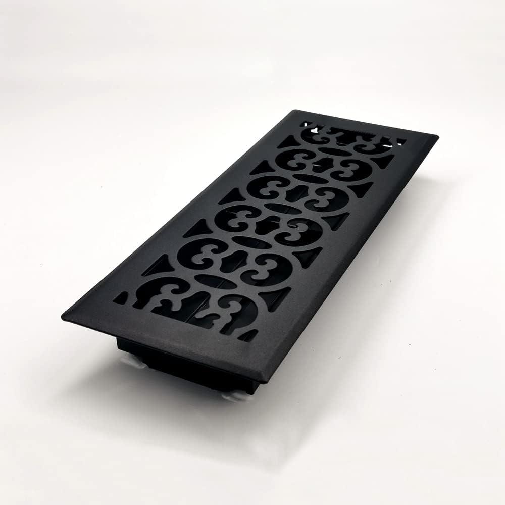 Textured Black Steel Scroll Design Floor Register, 4x12 Inches