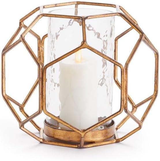 Small Antique Gold Geometric Glass Hurricane Candle Holder