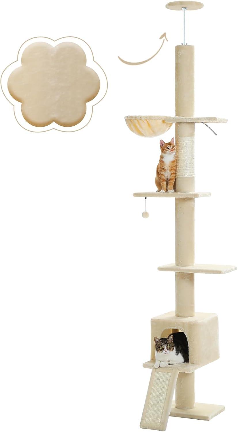Adjustable Height Floor To Ceiling 5-Tier Tall Cat Tree Tower For Indoor Cats With Cat Condo, Cat Scratching Post And Cat Ladder