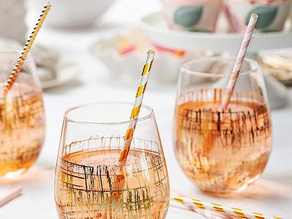 ALINK Biodegradable Paper Straws, 100 Pink and Gold Straws for Party Supplies, Birthday, Wedding, Bridal/Baby Shower, Christmas Decorations and Holiday Celebrations