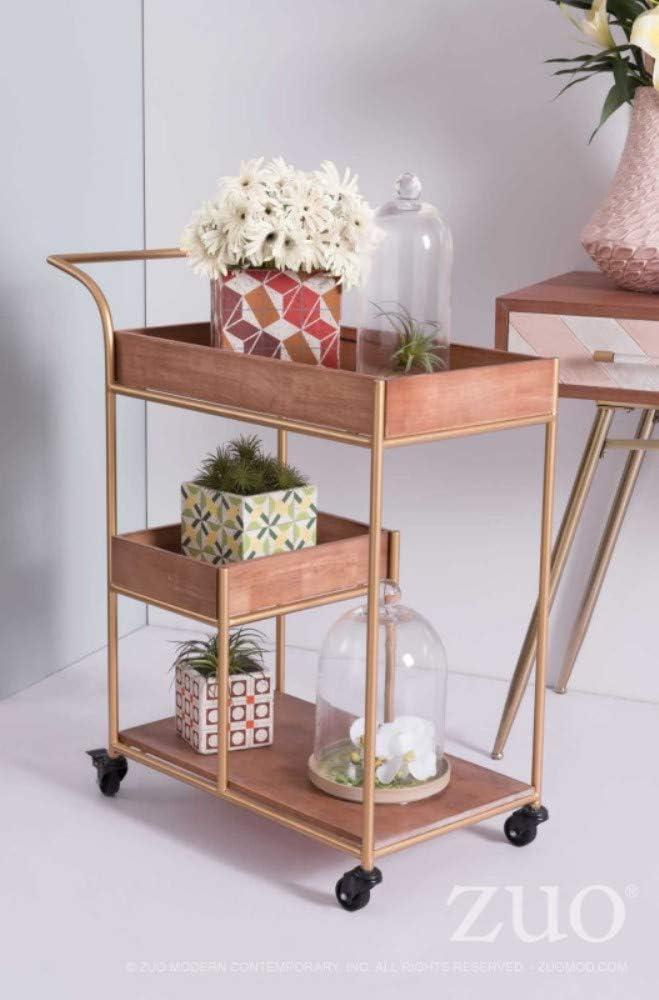 Mid-Century Modern Brown Wood & Steel Bar Cart with Removable Trays