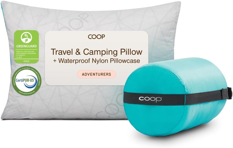 Coop Home Goods Adjustable Travel Pillow - 1 Camping Pillow and 1 Grey Pillowcase Bundle w/ Compressible Stuff Sack