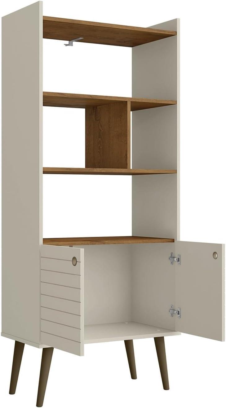 Mid-Century Modern White and Wood 3-Tier Bookshelf with Doors