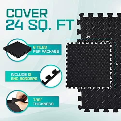 Yes4All 6 pcs Interlocking Exercise Foam Mats, Cover 24 sqft, 7/16 inch, Black Color