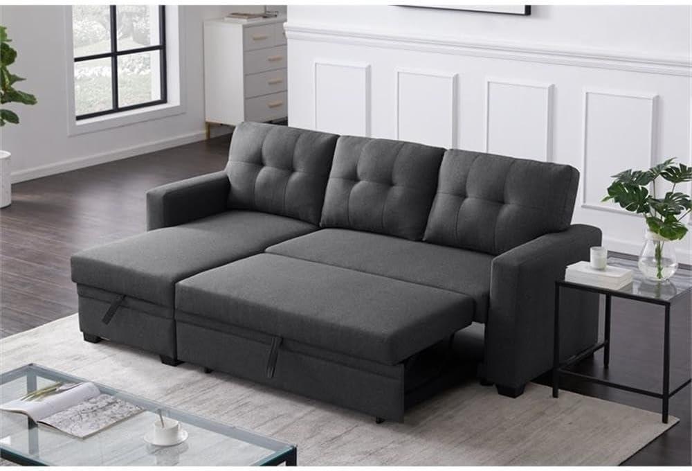 Devion Furniture Polyester Fabric Reversible Sleeper Sectional Sofa in Dark Gray