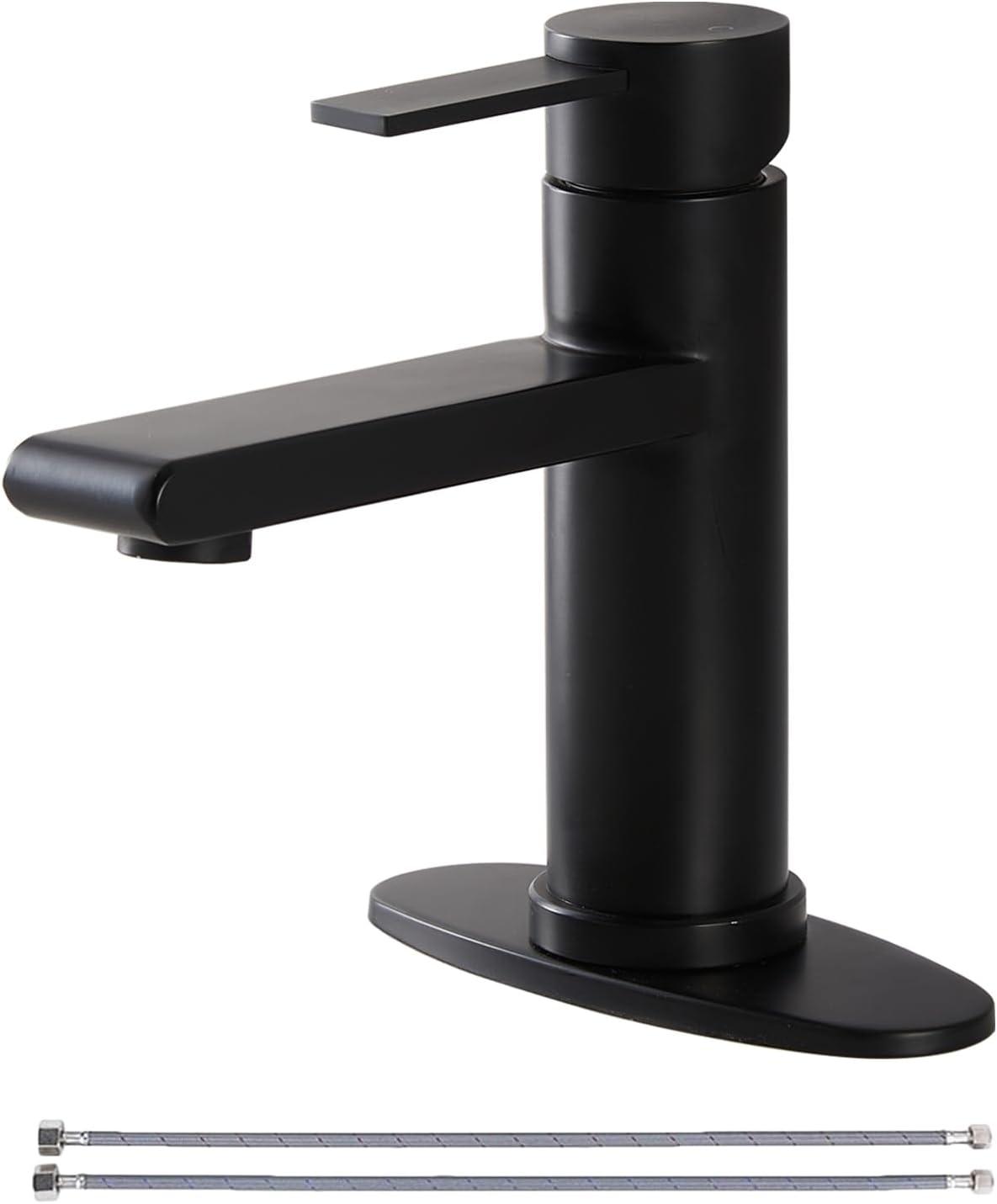 Black Bathroom Faucet Single Hole Bathroom Sink Faucet, Matte Black Single Handle Vanity Basin Faucets with Supply Deck Plate, Modern Farmhouse RV Faucet 1 or 3 Holes