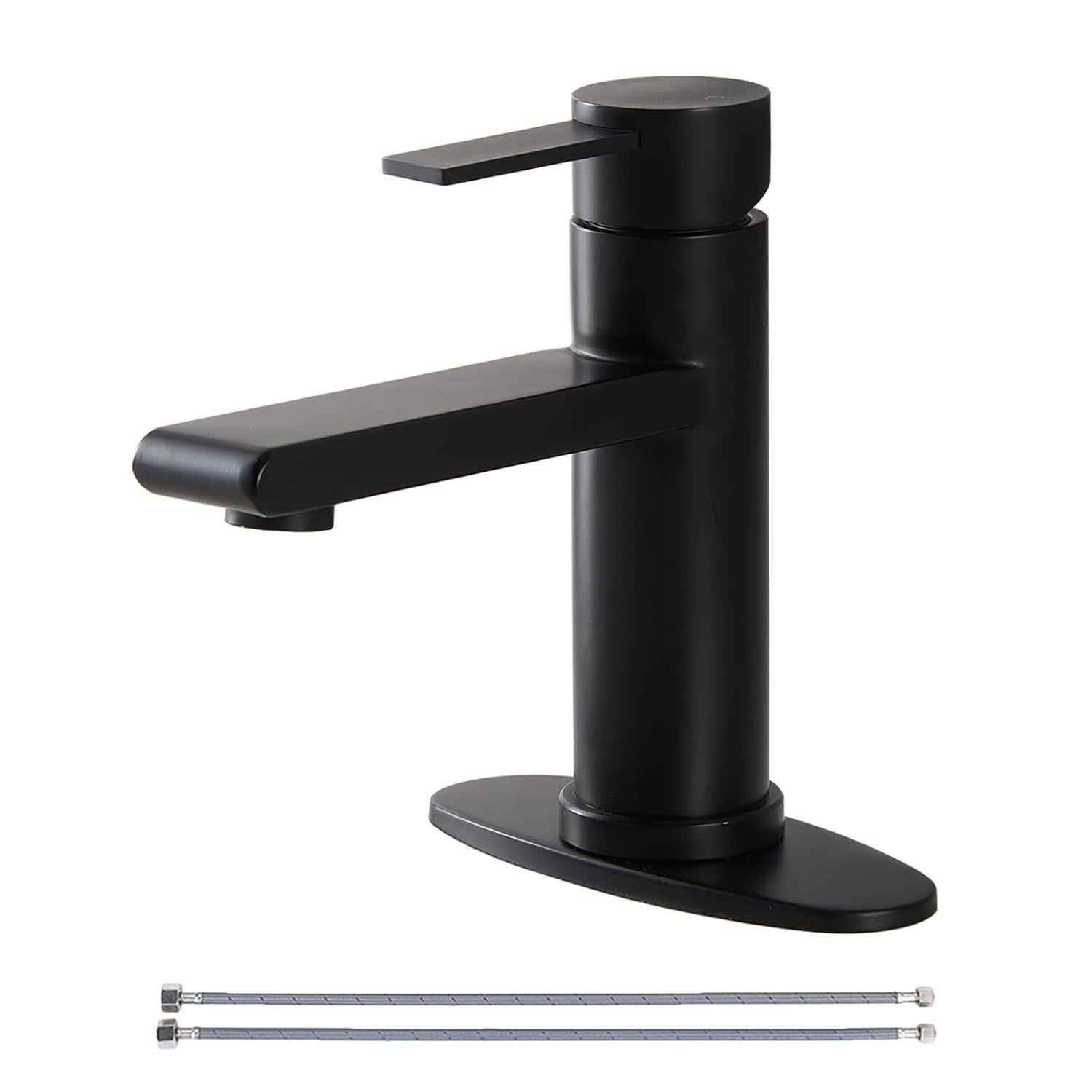 Black Bathroom Faucet Single Hole Bathroom Sink Faucet, Matte Black Single Handle Vanity Basin Faucets with Supply Deck Plate, Modern Farmhouse RV Faucet 1 or 3 Holes