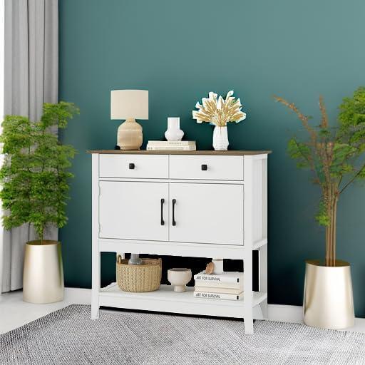 White and Brown Farmhouse Console Table with Storage