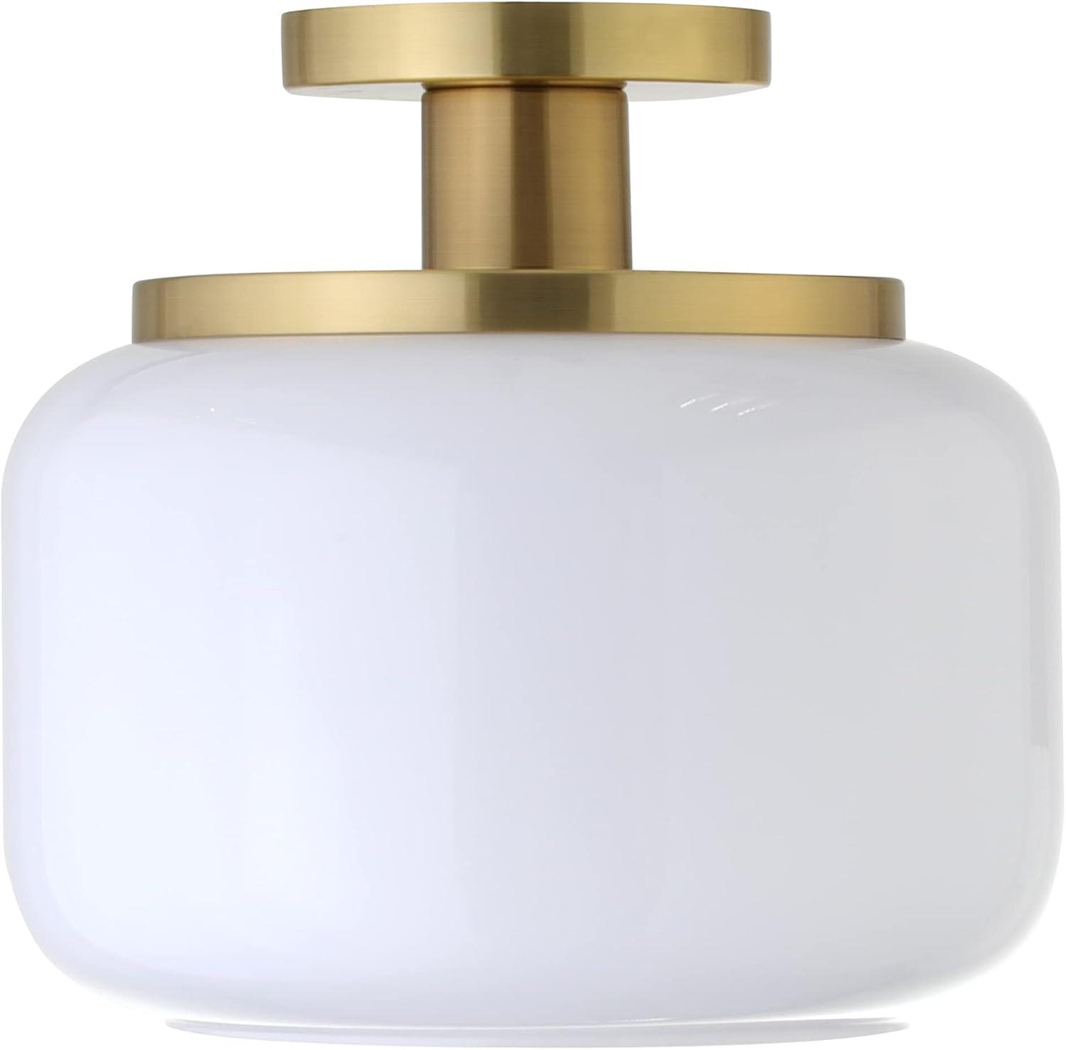 Brushed Brass and White Glass Drum Semi Flush Mount