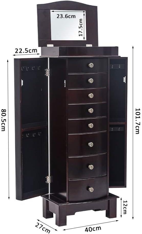 Veryke Jewelry Armoire with Mirror / 8 Drawers / 16 Necklace Hooks / 2 Side Swing Doors - Brown