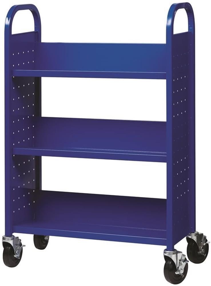 Classic Blue Metal Single-Sided Book Cart with Swivel Casters