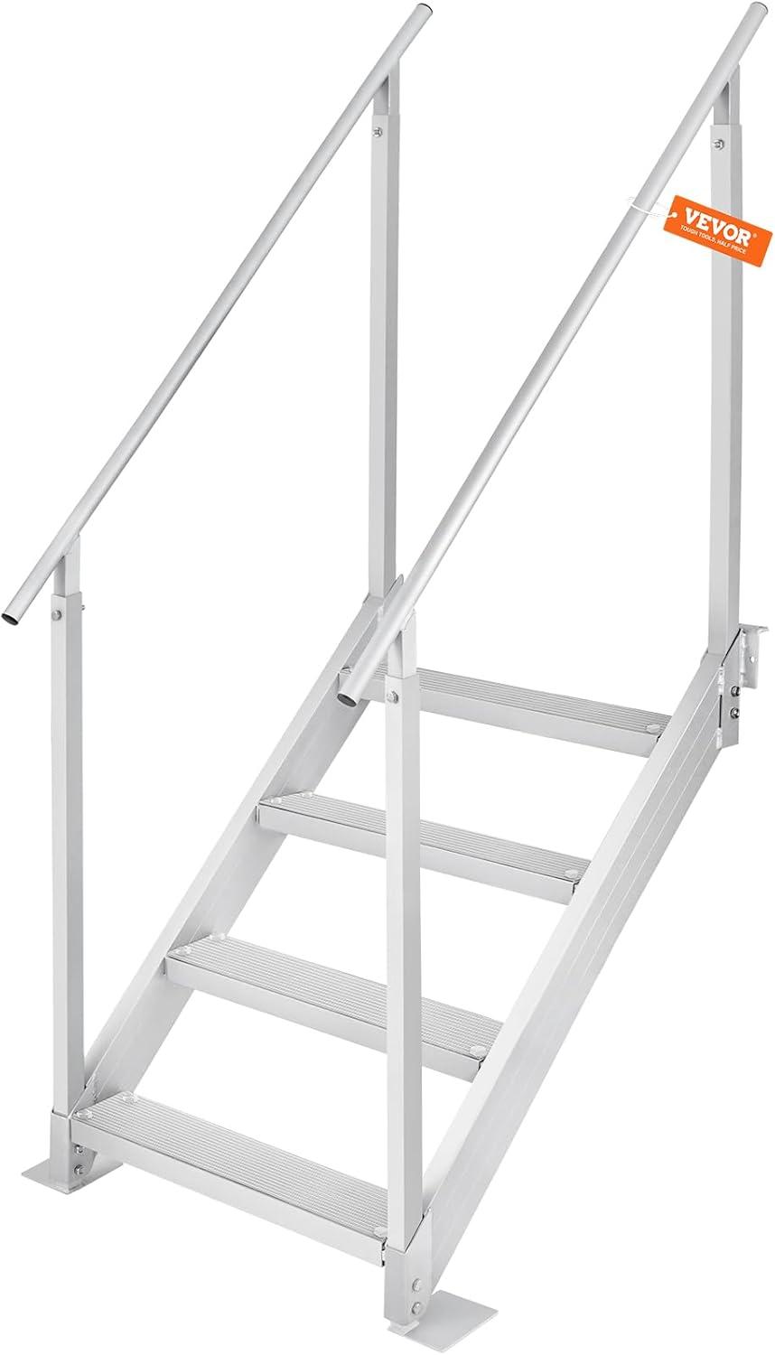VEVOR Dock Stairs 4 Steps, 500lbs Load Pool Steps, Adjustable Height Aluminum Dock Ladders, Pontoon Boat Ladder with Handrails & Widen Nonslip Pedals for Lake/Pool/Marine Boarding/RV/House