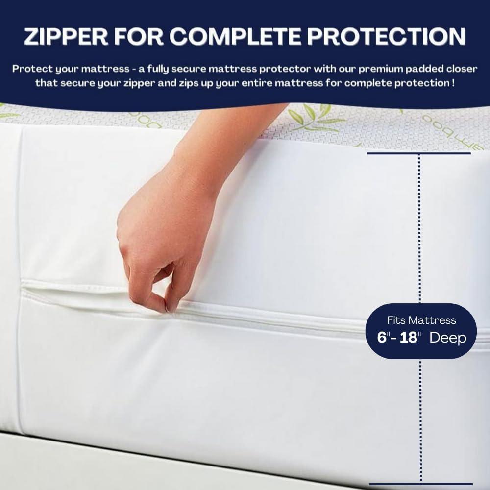 Bamboo Mattress Protector with Zipper - 100% Waterproof Queen Size Mattress Cover - Ultra Soft Jacquard Fabric Cooling Breathable Noiseless Mattress Pad Covers - Zippered Mattress Encasement