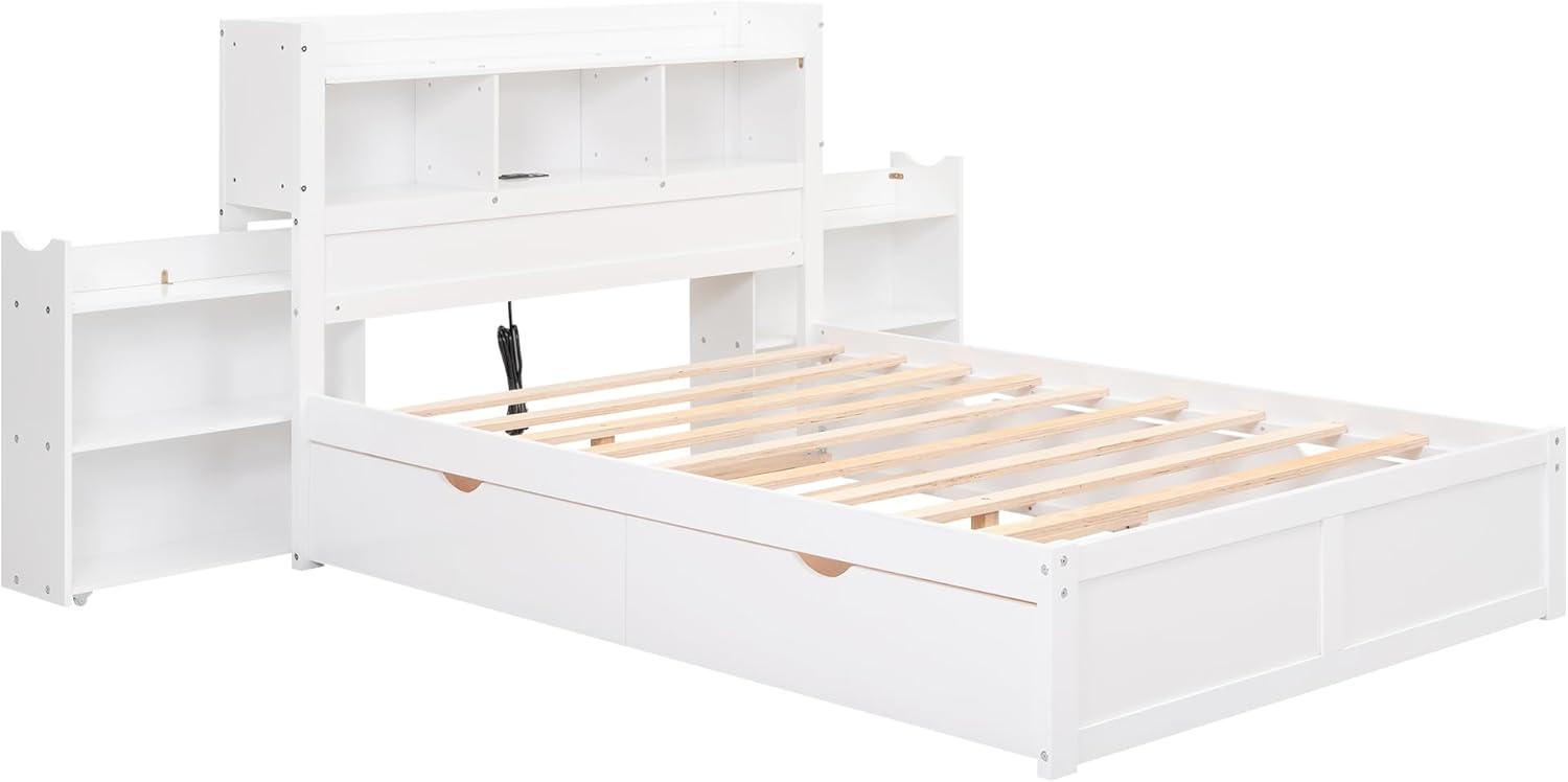 White Full Platform Bed with Storage Headboard and Trundle