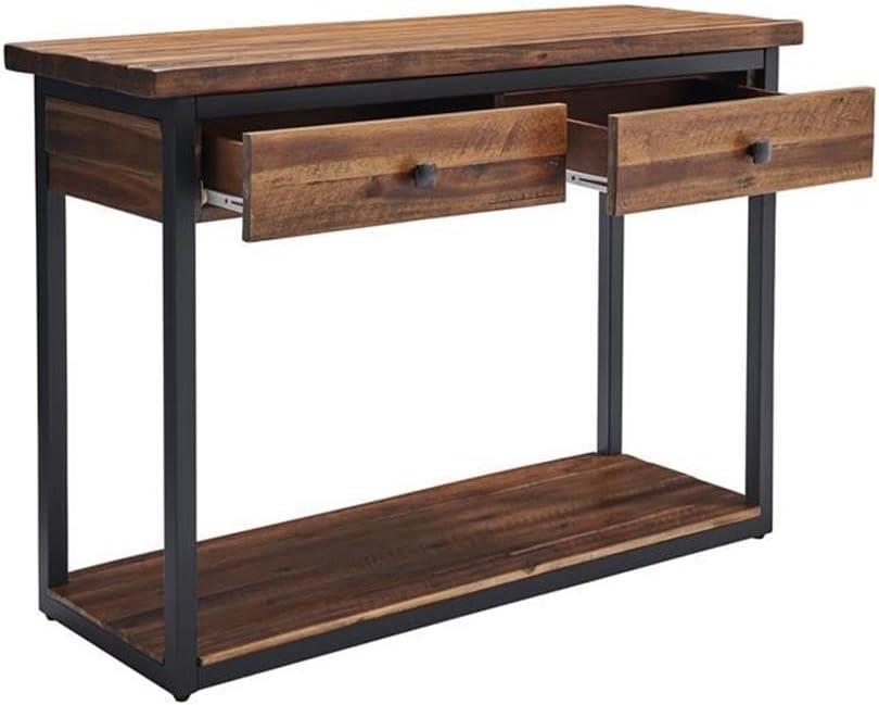 Claremont Rustic Wood Console Table with Two Drawers and Low Shelf Dark Brown - Alaterre Furniture: Industrial Style, Metal Frame, Entryway Storage