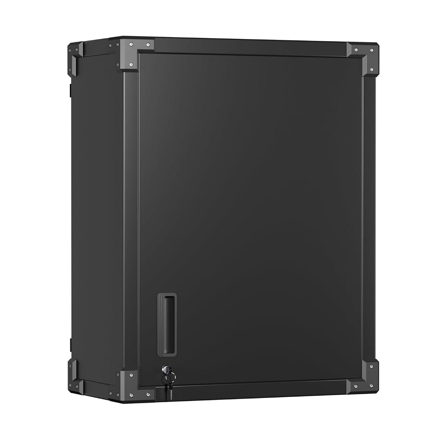 Garage Storage Cabinet, Seizeen Metal File Cabinet with Doors and Shelves, Indoor Storage Cabinet 3-Tier Shelves, Lockable Tool Storage for Garage, Warehouse, Home, Black