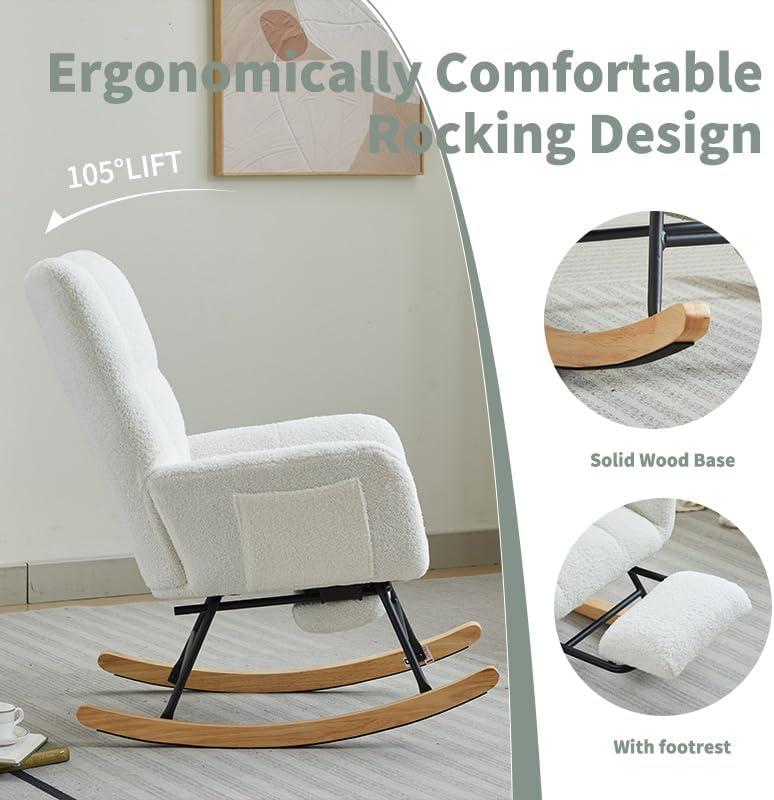 White Sherpa Upholstered Wingback Rocking Chair with Oak Legs