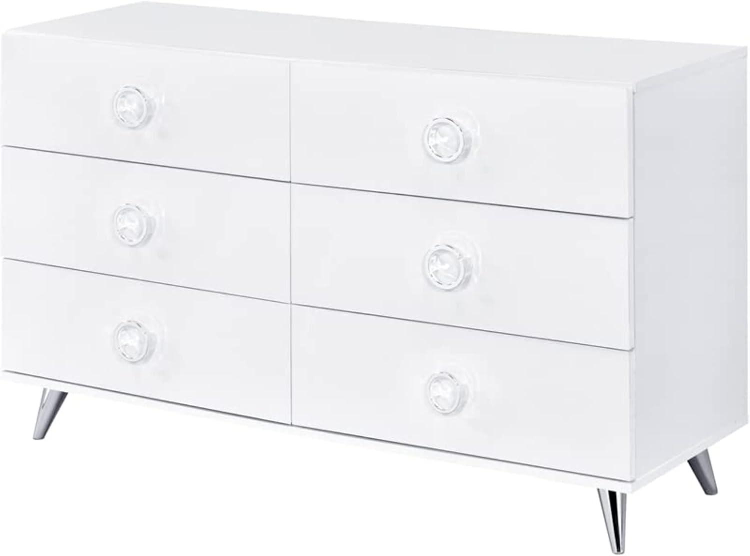 Perse White 6-Drawer Modern Dresser with Chrome Accents